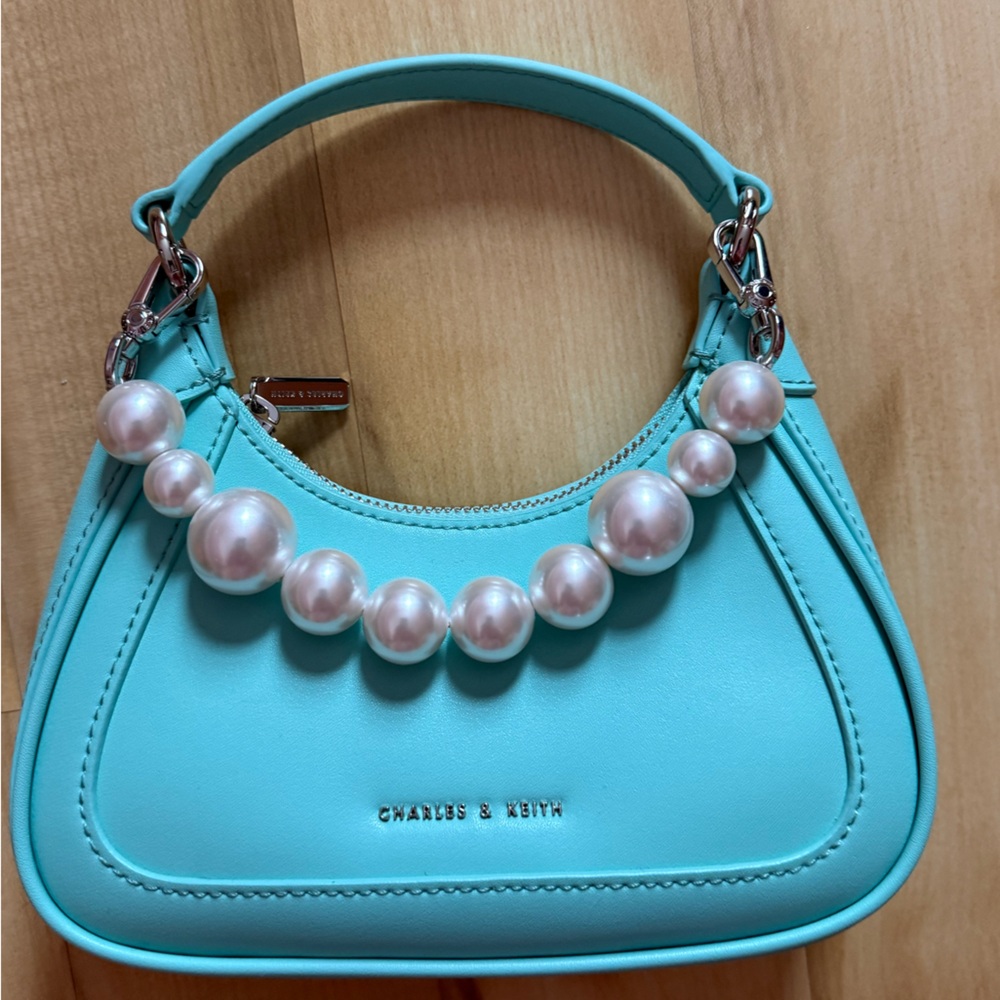 Charles & Keith Aqua Shoulder Bag with Pearl Accents